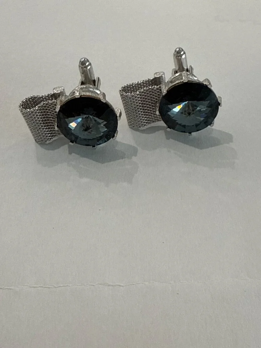 Vintage mesh cufflinks,  Blue Black Rivoli Glass stones 2 pair